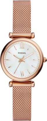 Fossil Women's Mini Carlie Rose Gold-Tone Stainless Steel Mesh Bracelet Watch 28mm