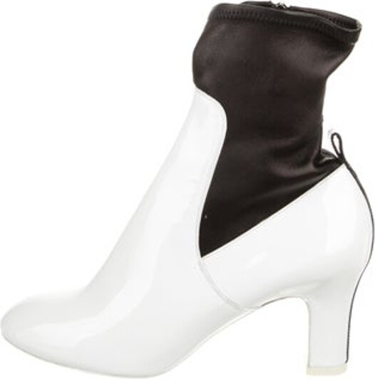 Louis Vuitton Patent Leather Ankle Boots White Leather Trim Round-Toes Concealed Zip Closure at Sides Includes Box & Dust Bag Designer