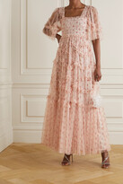 Thumbnail for your product : Needle & Thread Bijou Ruffled Smocked Floral-print Tulle Gown - Pink