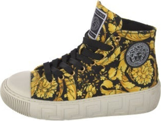 Versace Canvas High Top Sneakers Black & Yellow Greca Pattern Round-Toes Platform Lace-Up Closure at Uppers