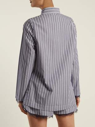 Skin - Lace Trimmed Striped Cotton Pyjama Shirt - Womens - Blue Stripe