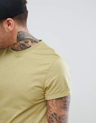 ASOS Crew Neck T-Shirt With Roll Sleeve In Green Marl