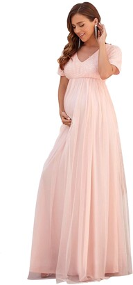 Ever Pretty Ever-Pretty Women's Short Sleeves V Neck Empire Waist A Line Tulle Floor Length with Sequin Maternity Bridesmaid Dresses Pink 16UK
