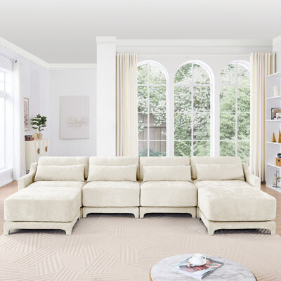 Latitude Run Four - seater sofa 2 movable ottoman lumbar pillowChenille fabricsolid wood frame ergonomicHigh - resilient sponge elegant armrests easy insta