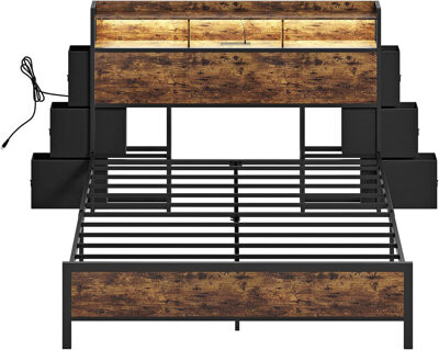 Blooming Rustic Brown Full Bed Frame With Bookcase Headboard, Storage Drawers, And LED Lights