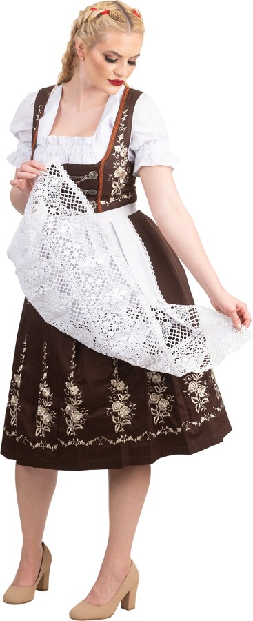 Etsy Authentic German Long Brown 3 Piece Dirndl Set With Bavarian Floral Embroidery - Complete With Apron & Trachten Top