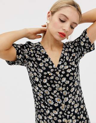 Monki daisy flower print midi shirt dress in black