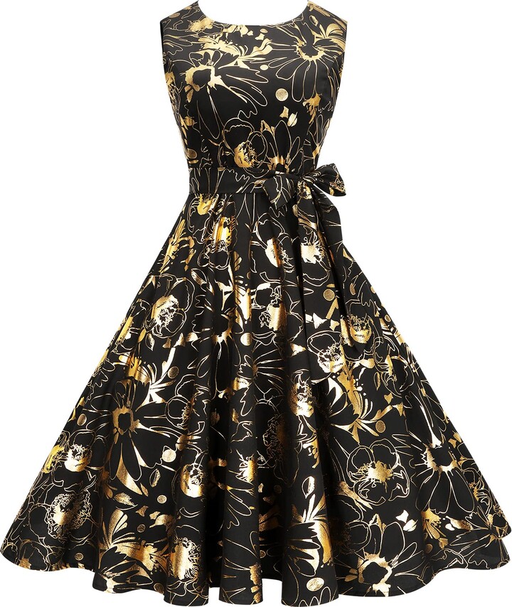 Enmain Women Rockabilly Dresses 50s Retro Elegant Lady Dress UK Golden ...