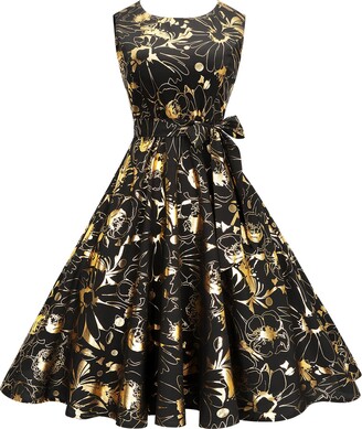 Enmain Women Rockabilly Dresses 50S Retro Elegant Lady Dress Uk Golden  Floral Ladies Audrey Hepburn Style Swing Sleeveless Midi Dress Casual  Cocktail Ball Tea Party Summer Prom Evening Black Dresses M -
