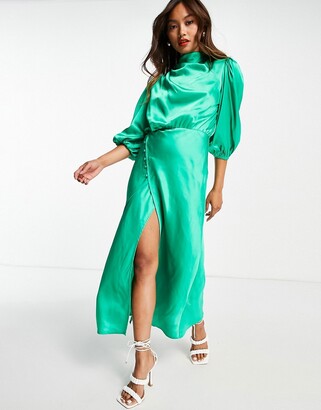ASOS DESIGN pleat cowl neck satin midi tea dress with puff sleeve in emerald green