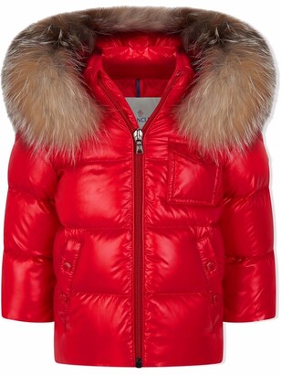 red moncler with fur hood