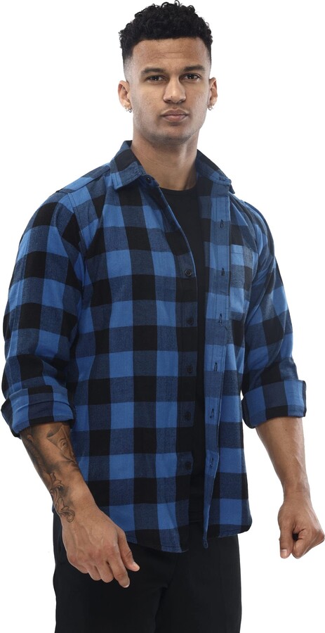 MUSCLE GYM Men's Long Sleeve Slight Oversized Casual Plaid Flannel Shirt  S-3XL (Blue Long Sleeve - ShopStyle