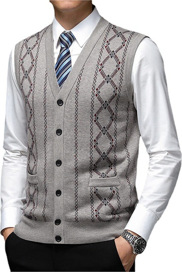 Dawwoti Mens Knitted Sleeveless Jumpers Woolen Blend Business Plaid Sweater  Cardigan Gilets V Neck Tank - ShopStyle