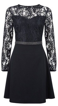 Dorothy Perkins Womens **Black Embellished Trim Lace Skater Dress, Black
