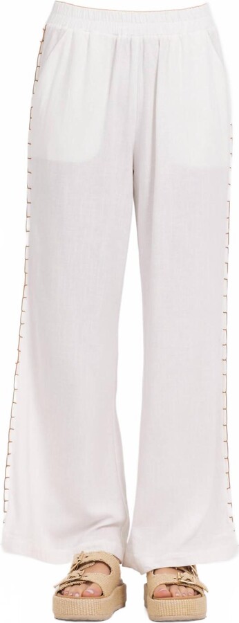 Vintage Havana Washed Linen Wide Leg Pants With Whip Stitch In White