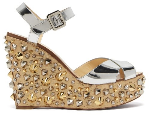 Christian Louboutin Almericca 120 Cork Lame Studded Wedge Sandals - Silver  Gold - ShopStyle