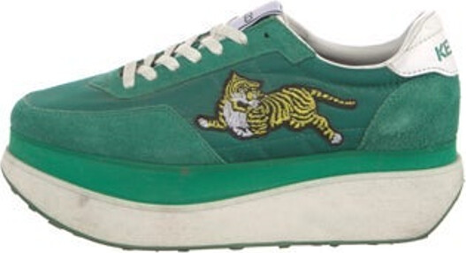 Kenzo Suede Low Top Athletic Sneakers Green Graphic Print Round-Toes Platform Lace-Up Closure at Uppers