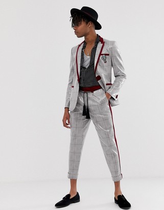ASOS EDITION skinny suit jacket in grey sequin check with removable robot badge