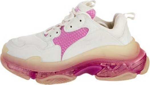 Balenciaga Triple S 'Clear Sole' Low Top Chunky Sneakers Pink Leather Colorblock Pattern Rubber Trim Round-Toes with Mesh Accents Lace-Up Closure at Uppers Unfortunately due to restrictions this item may not be eligible for shipping in all areas.