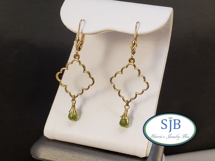 Etsy Peridot Earrings Dangle 14K Yellow Gold Lever Back Dangles Drop August Birthstones #e786