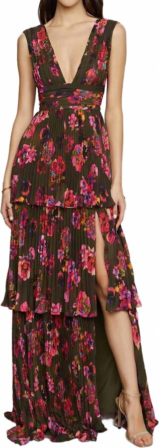 AMUR Women's Earthy Garden Fleur Deep V Pleated Gown In Green Multi