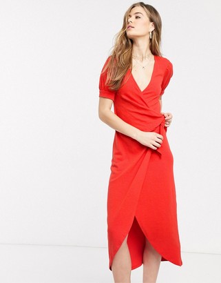 Asos Tall ASOS DESIGN Tall wrap midi dress with knot front in red