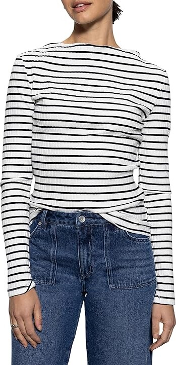 Sanctuary Long Sleeve Boatneck T-shirt Women's Clothing Chalk/Black Stripe : XS (US 2), Cotton/Nylon/Spandex