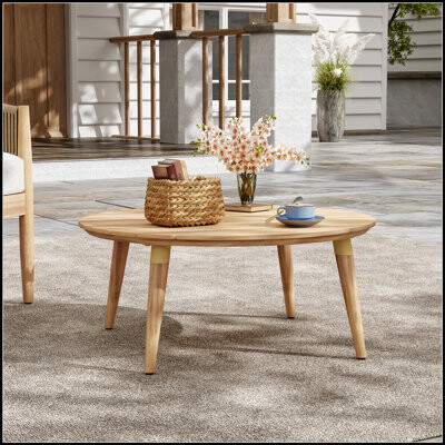 Ivy Bronx Verona Outdoor Patio Round Acacia Wood Coffee Table, Durable And Rustic For All-Weather Use