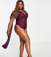 Thumbnail for your product : ASOS Luxe Curve front lace up drape off shoulder swimsuit in purple