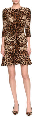 Dolce & Gabbana Leopard-Print 3/4-Sleeve Flounce Dress, Brown/Black Leopard