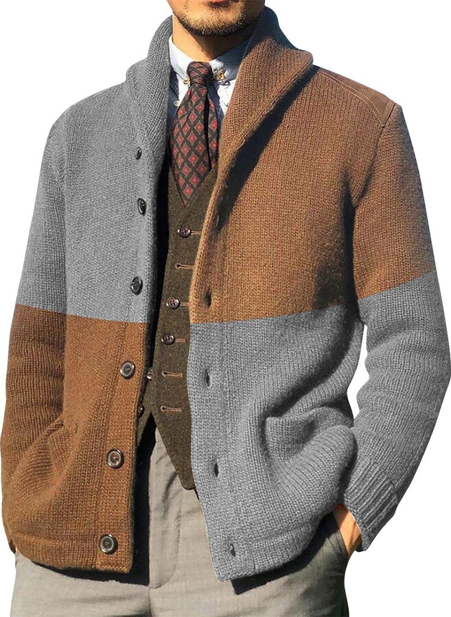 FUERI Mens Knitted Cardigan Knit Jacket Shawl Collar Contrast Colour