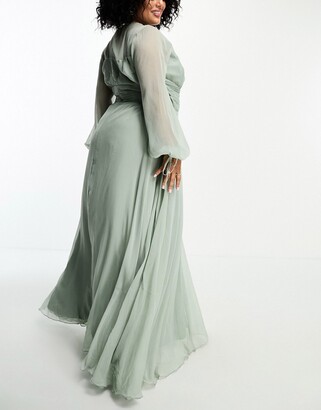ASOS Curve ASOS DESIGN Curve bridesmaid long sleeve ruched maxi dress with wrap skirt in olive