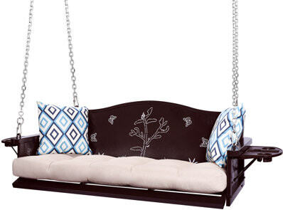 Winston Porter 3-Seat Metal Porch Swing 900 Lbs Hanging Bench With Upgraded Tray & Cushions Rust-Resistant Finish Swing Chair With 8.9Ft Chains