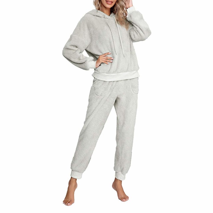 Generic Women Girls Ladies PJ's Comfy Warm Fleece Twosie Pajama Set Pyjama  Flannel Hoodies and Bottoms Set Lounge Wear for Women (Light Grey S) -  ShopStyle