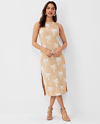 Ann Taylor Palm Embroidered Halter Flare Dress