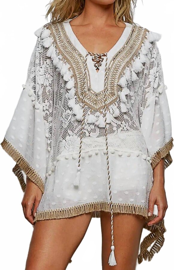 POL V Neck Trim Tassel Adjustable Drawstring Top In White