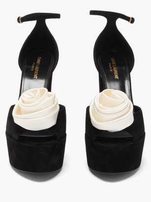 Saint Laurent Jodie Rose-embellished Suede Platform Sandals - Black White