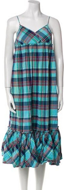 Ralph Lauren Shift Dress Blue Plaid Print Ruffle Embellishment Sleeveless with V-Neck Concealed Zip Closure at Back Designer
