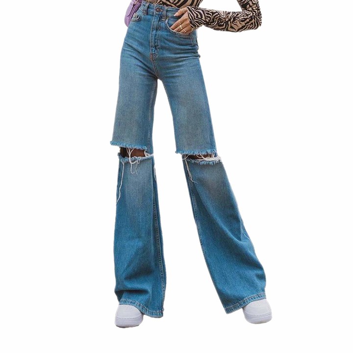 CYWYQ Women's High Waisted Jeans Y2K Destroyed Flare Jeans Pant Ripped