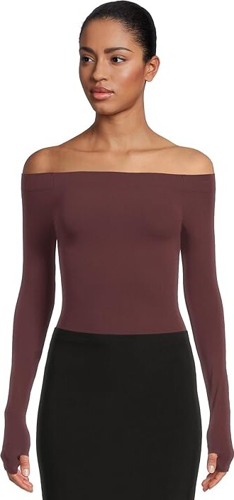 Commando Ballet Off-Shoulder Bodysuit With Thumb Hole Women's Jumpsuit & Rompers One Piece Raisin, Cotton/Elastane/Nylon