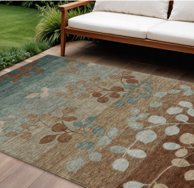 HomeRoots 10' X 14' Brown And Teal Blue Floral Washable Indoor Outdoor Area Rug