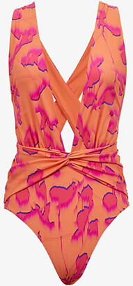 Reiss Womens Orange Beatrix Floral-print Stretch Recycled-nylon Swimsuit