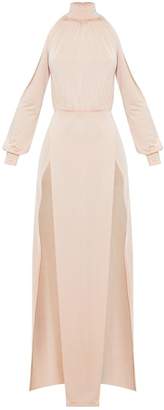 PrettyLittleThing Nude High Neck Double Extreme Split Maxi Dress