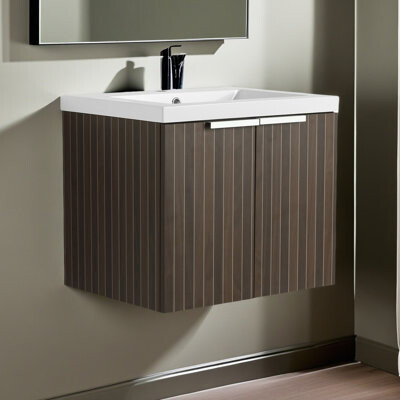 Ebern Designs 24 Inch Wall-Mounted Bathroom Vanity With Silver-Brown Stripe Design, Soft-Closing Doors, Mid Edge Resin Sink