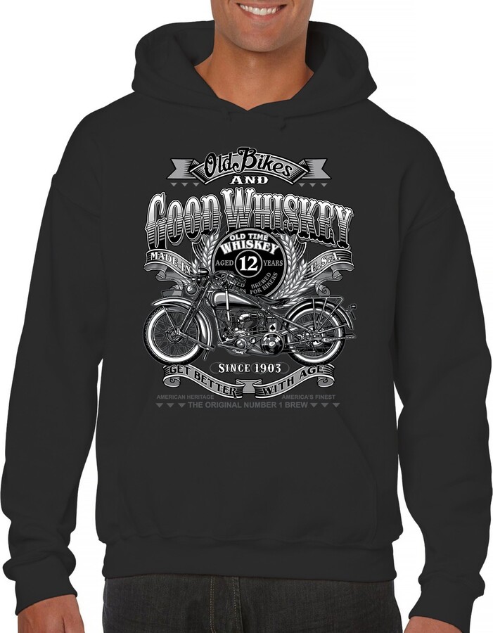 Tee Hunt Old Bikes Good Whiskey Hoodie for Men Vintage Classic 1903 Biker Get Better With Black Medium