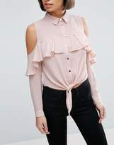 Thumbnail for your product : Miss Selfridge Petite Cold Shoulder Frill Dobby Shirt
