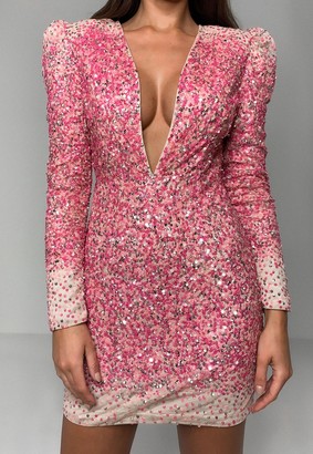 Missguided Pink Sequin Deep Plunge Mini Dress