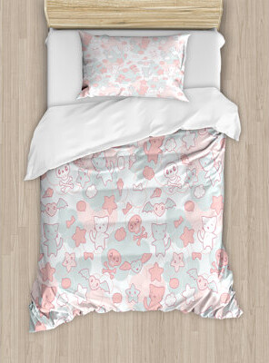 Ambesonne Cartoon Duvet Cover Set Bats Twin Pale Pink Pale Blue