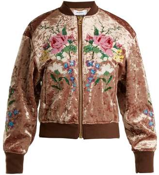 Muveil Floral cross-stitch velvet bomber jacket