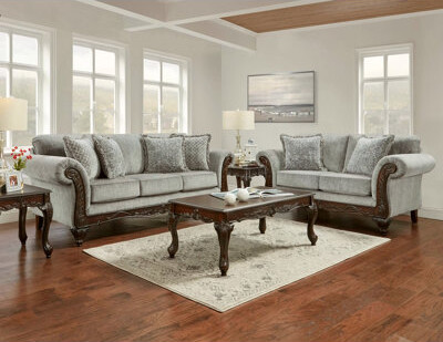 Wildon Home Hernen Carved Wood Frame Gray 5-Piece Living Room Set